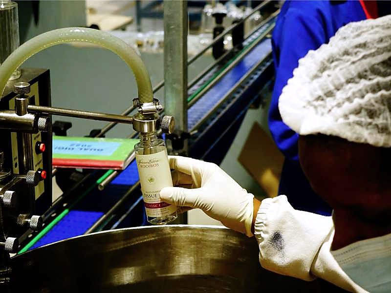 Mitarbeiterin von African Extracts befüllt eine Tissue-Oil-Flasche an einer Abfüllanlage.