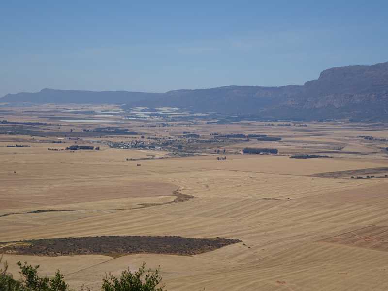 Blick von den Olifantsrivierbergen über die Swartland-Ebene Richtung Eendekuil mit weiten Feldern und Fernsicht.