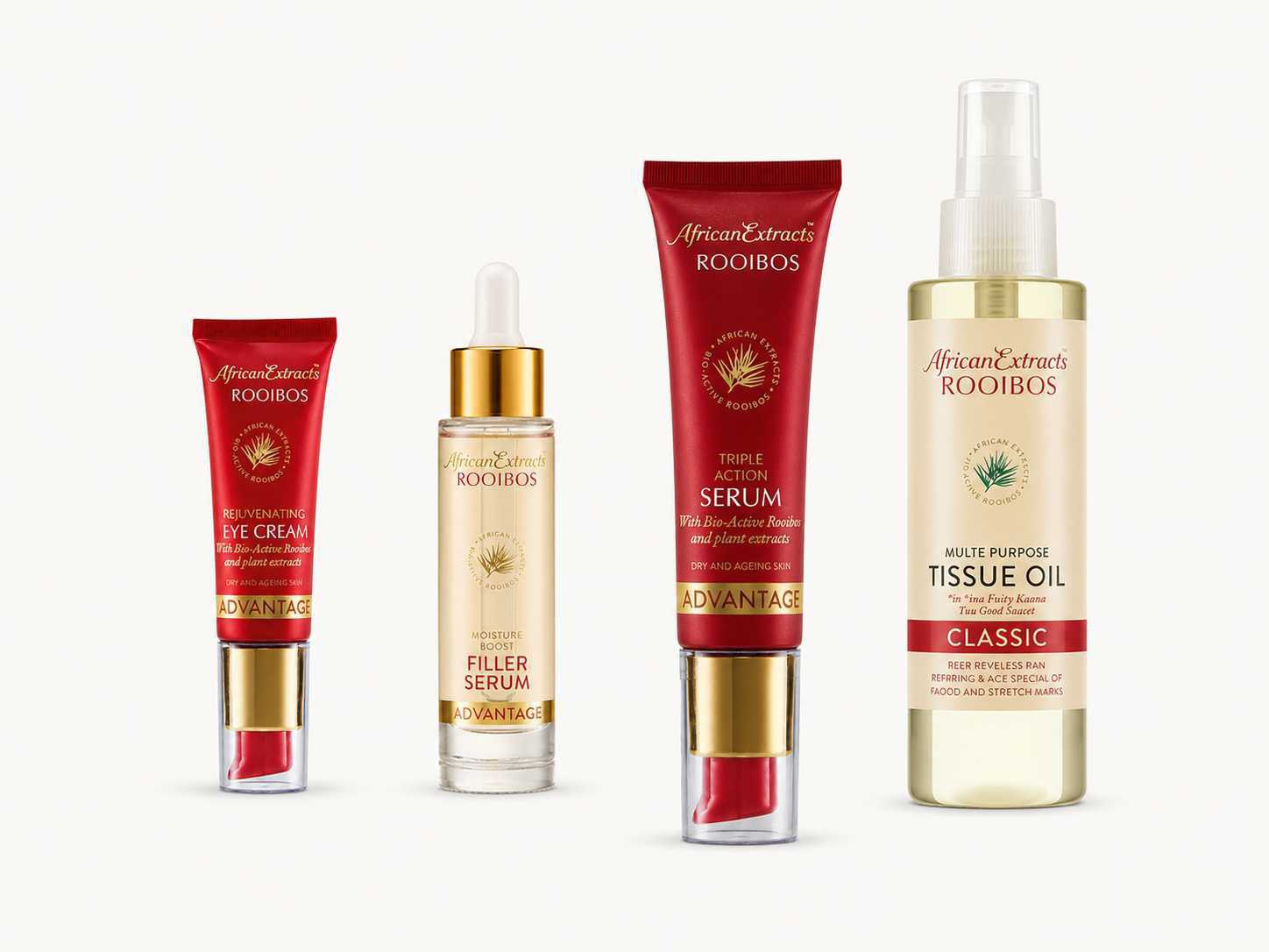 African Extracts Ergänzungsprodukte wie Augenpflege, Filler-Serum, Triple Action Serum und Tissue Oil