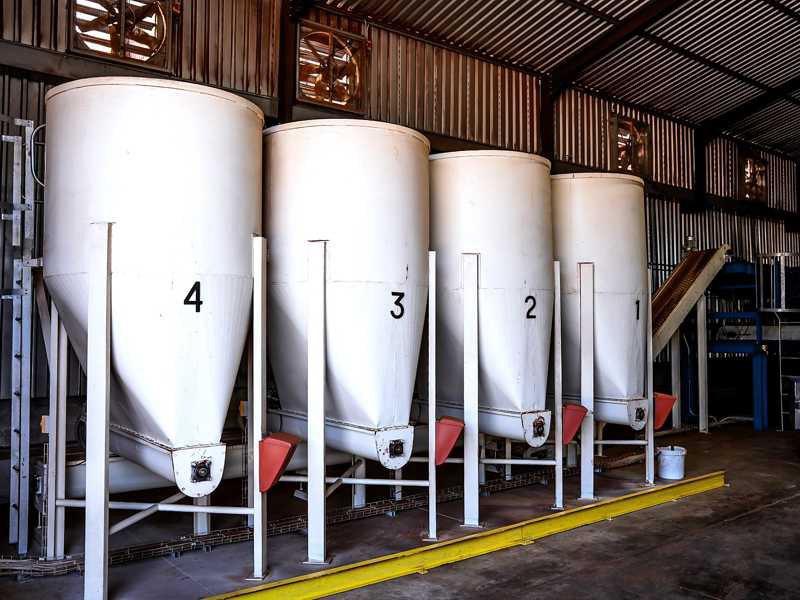 Four numbered blending silos at Carmién used to mix different rooibos batches