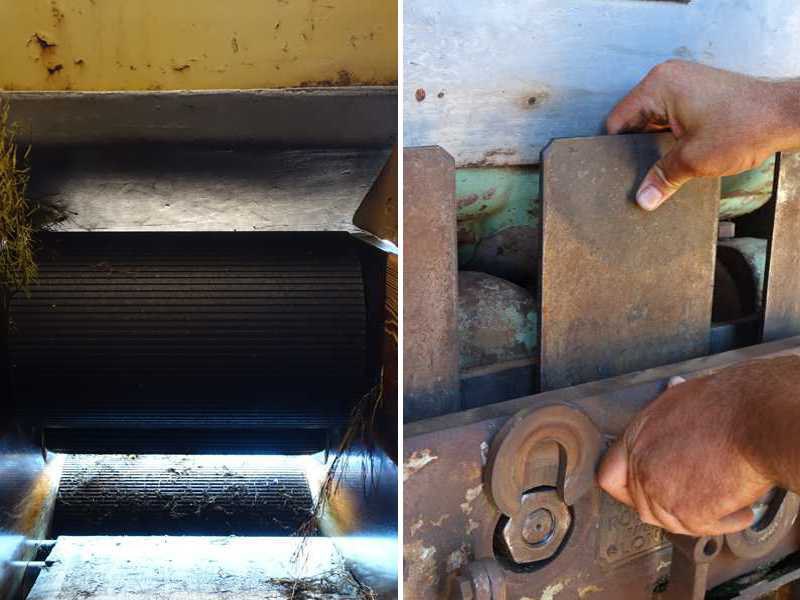 Cutting machine: rear view of the feed rollers and front view of the chopping blade
