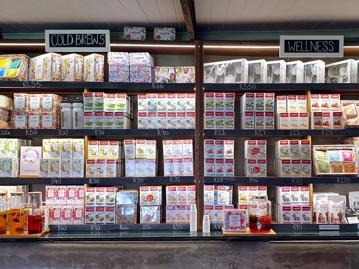 Shelves in the Carmién Tea Shop on the N7 near Piekenierskloof Pass: a wide selection of Cold Brew and Wellness varieties.