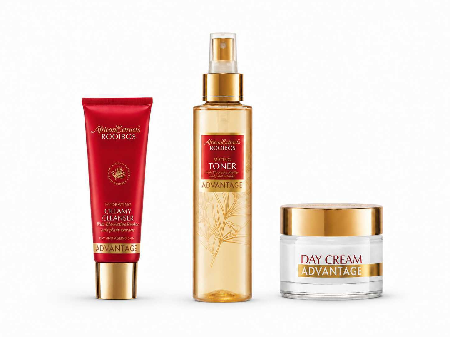 African Extracts Advantage with creamy cleanser, toner and day cream as a basis for dry or more care-needy skin