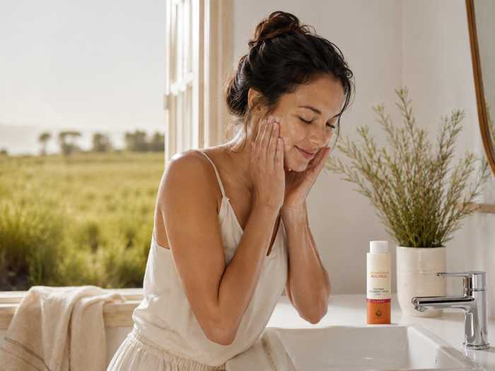 Woman applying an African Extracts rooibos skin care product in a bright bathroom