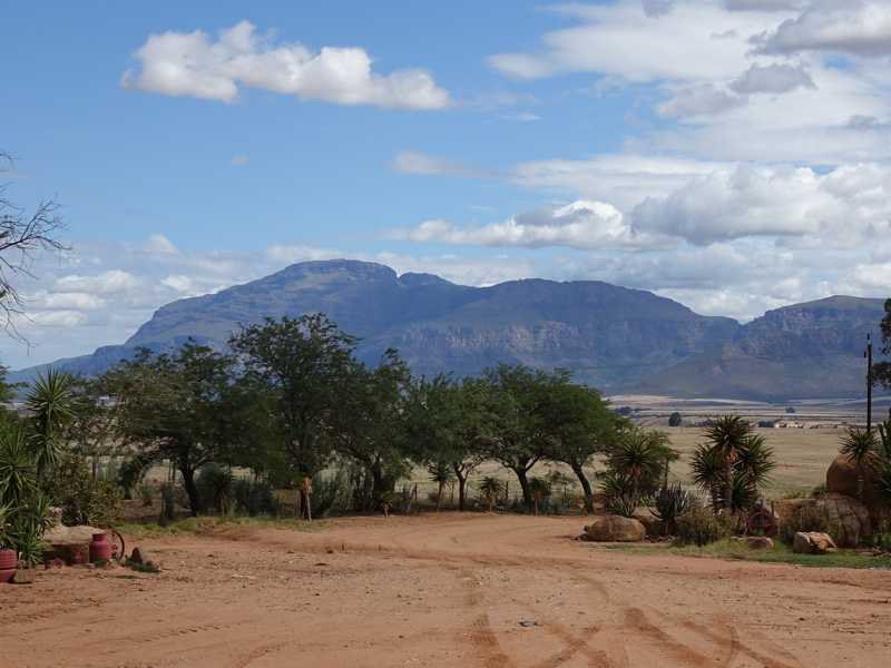 Vue vers le nord depuis la ferme Meerlandsvlei, jusqu’aux montagnes de l’Olifants River sous un ciel bleu.